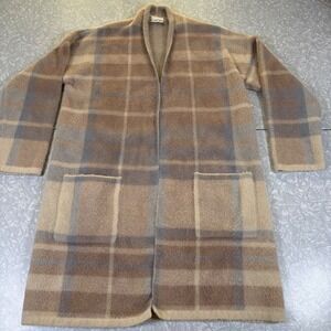 Becool Plaid Longline Cardigan Sweater Tan Blue Open Front Duster S/M 63792